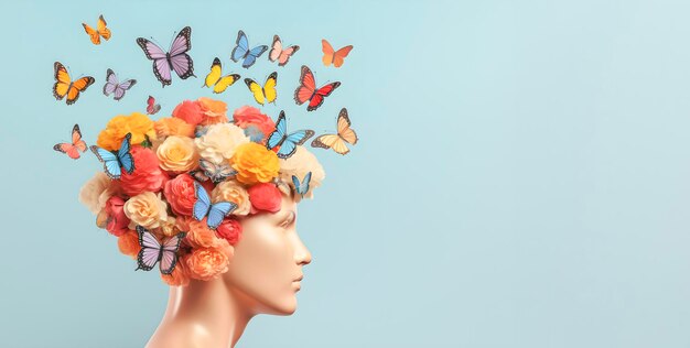 Women head profile with flowers and butterflies selfcare and mental health concept positive thinking background free copy space on light blue AI generated