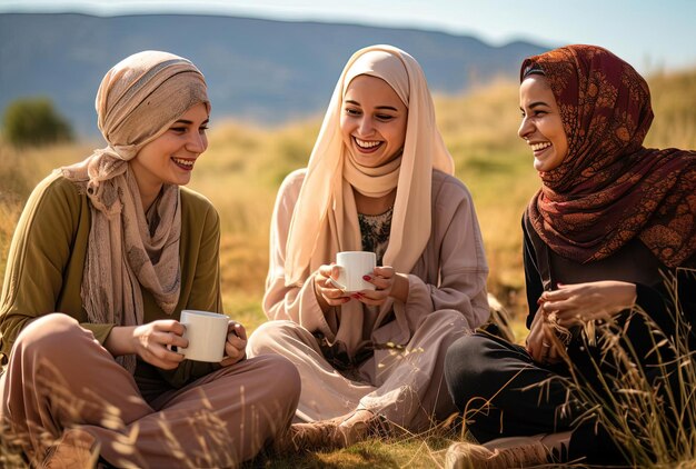 Photo women in hijab having a chat and drinking coffee in the style of environmental awareness