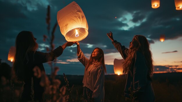 Photo women hold lanterns aloft in night sky illumination ceremony happy new year