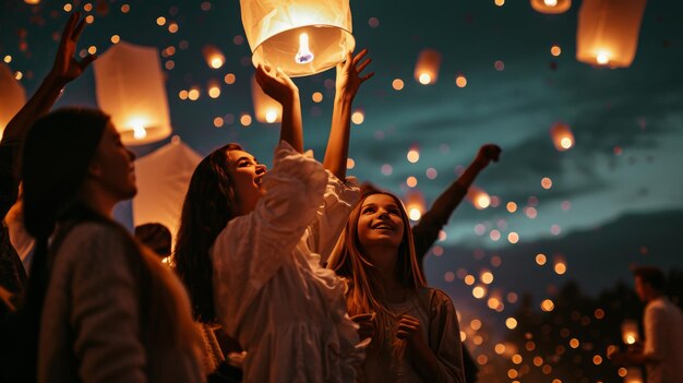 Photo women hold lanterns aloft in night sky illumination ceremony happy new year