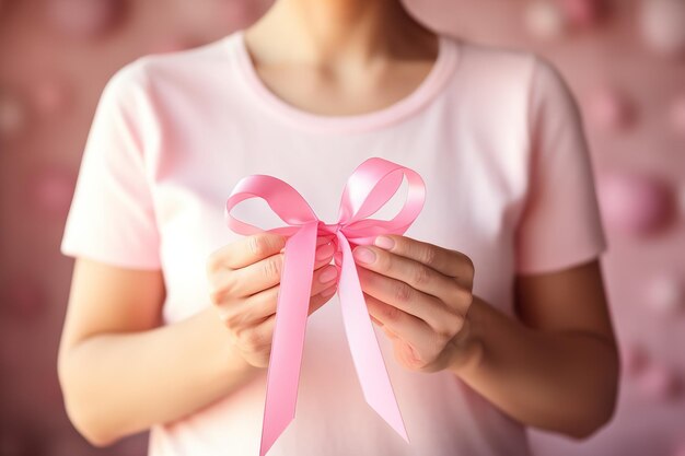Photo women hold a pink ribbon in their hands the concept of fighting cancer