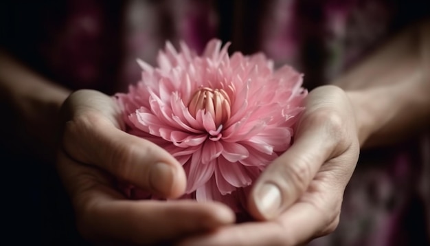 인공지능에 의해 생성된 사랑의 선물인 보라색 게르베라 데이지 (gerbera daisies) 를 들고 있는 여성들