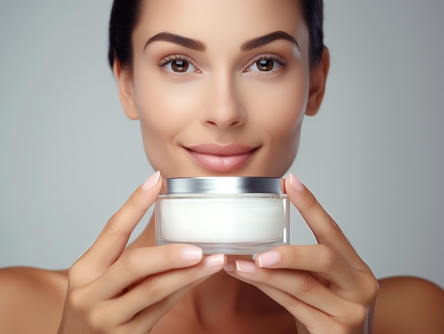 Women holding a glass jar of skincare cream in white studio background