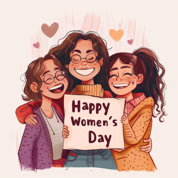 행복 한 여성 의 날 표지판 을 들고 있는 여자 들