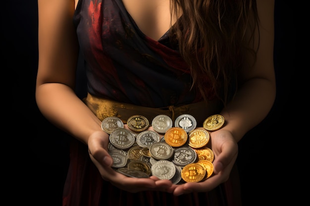 women_holding_more_than_a_dozen_bitcoin_coins_in_one