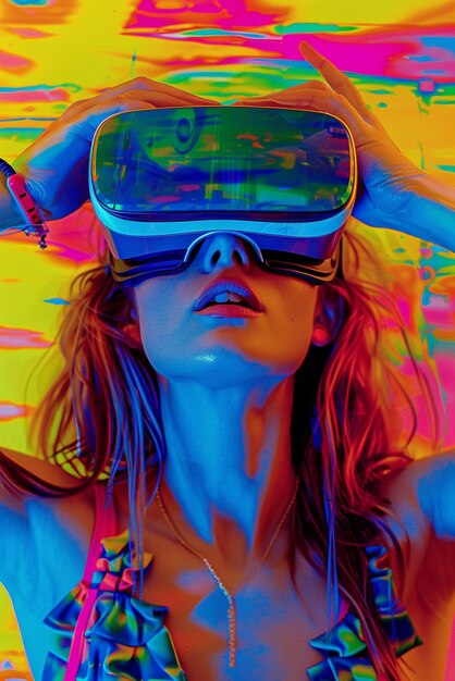 Foto una donna che tiene un paio di vr con uno sfondo colorato