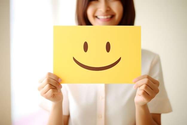 Women holding a Smile emoticon sign