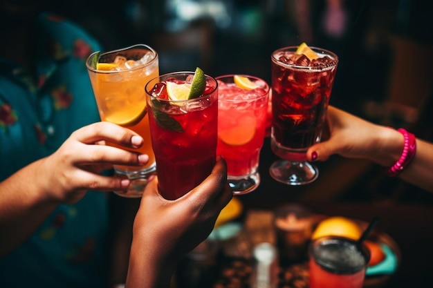 women holding up drinks in front of a bar