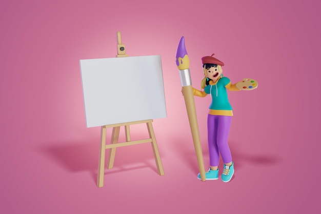 Women holds a color palette and giant brush standing with\
standing drawing portrait 3d render illustration