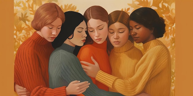 women hug each other and touch others arm in the style of editorial illustrations