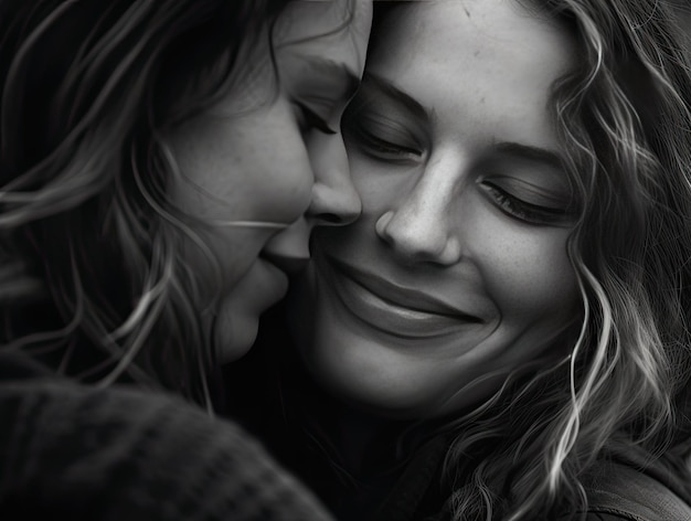 Women hugging extreme closeup black and white photograph