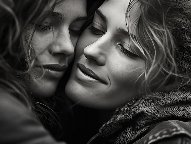 Women hugging extreme closeup black and white photograph