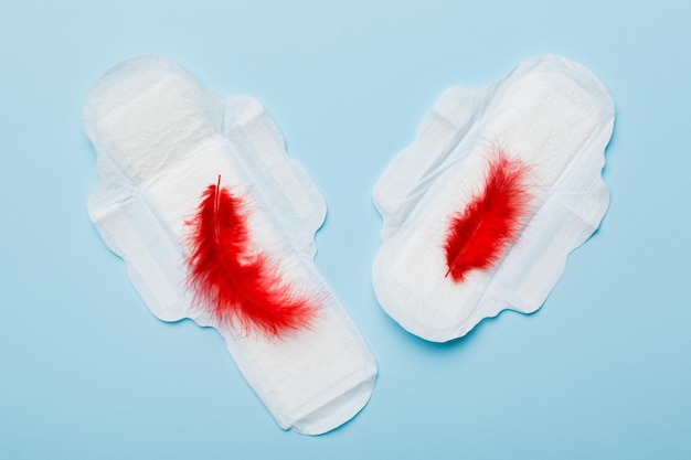 Women hygiene products or Sanitary pad with red feather on colored background Pastel color Closeup Empty place for text Female daily hygiene