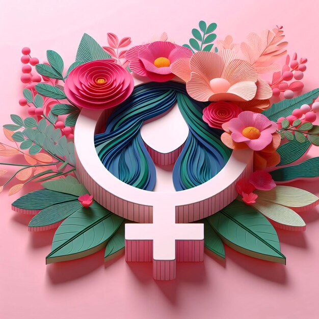Foto illustrazione femminile con simbolo 3d e sfondo floreale generato dall'ai
