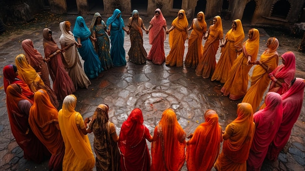 Фото Женщины в красочных сари танцуют в вспышке творческой энергии