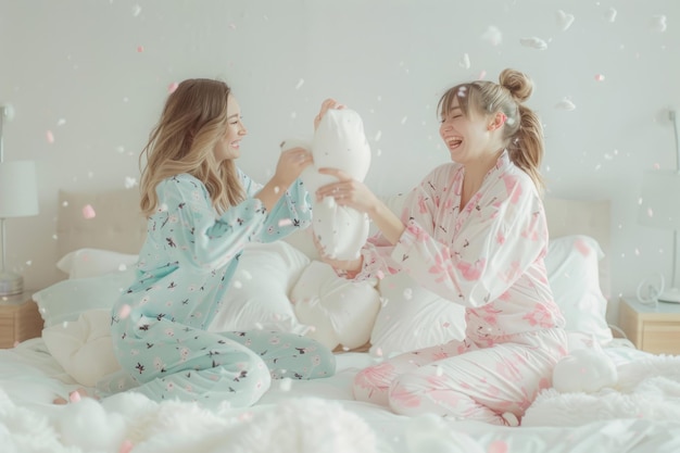 Фото women in pajamas having a pillow fight on the bed generative ai