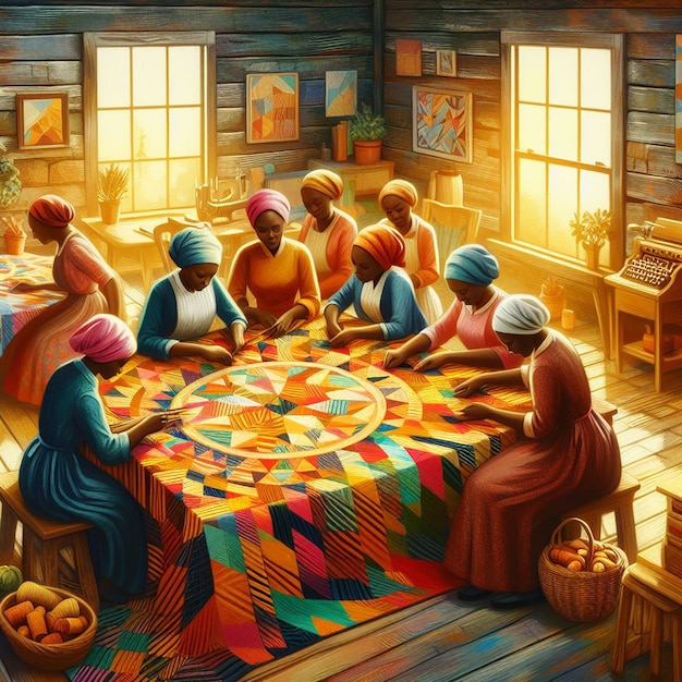 Фото Женщины в традиционной одежде изготавливают одеяло с яркими узорами