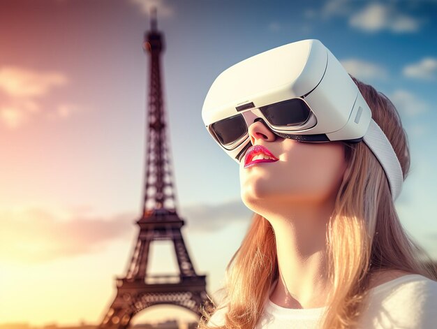 写真 パリを訪れる仮想現実の女性オンライン観光 ai が生成