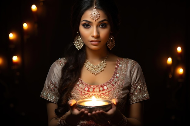 Women in Indian tradition dresss holding diya in her hand Happy diwali design Generative Ai