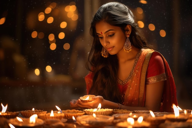 Women in Indian tradition dresss holding diya in her hand Happy diwali design Generative Ai