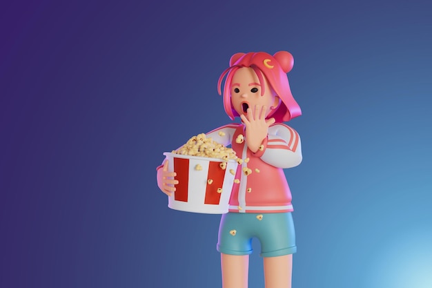女性はショックを受け、ポップコーンの流出3Dレンダリングのイラストの映画を見る