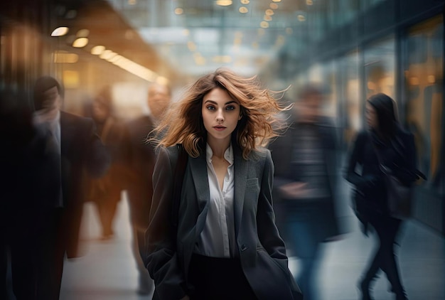 a women is walk and looking at her work in the style of motion blur