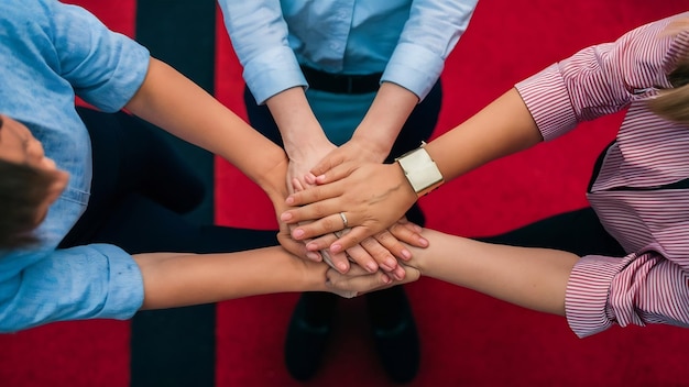 Women keep palms pressed together show mutual support and understanding work as team smile pleasant