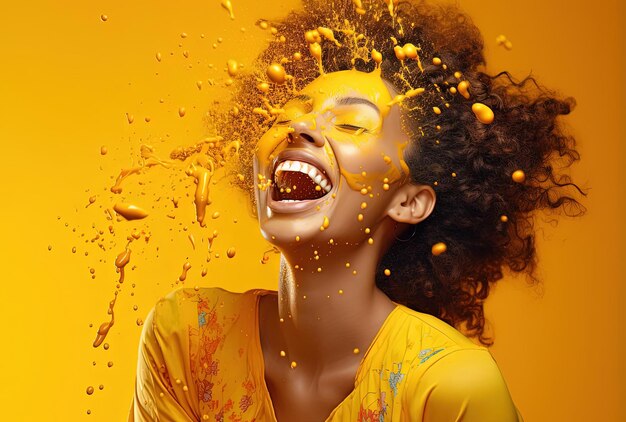 Women laughing in yellow background in the style of vibrant energy