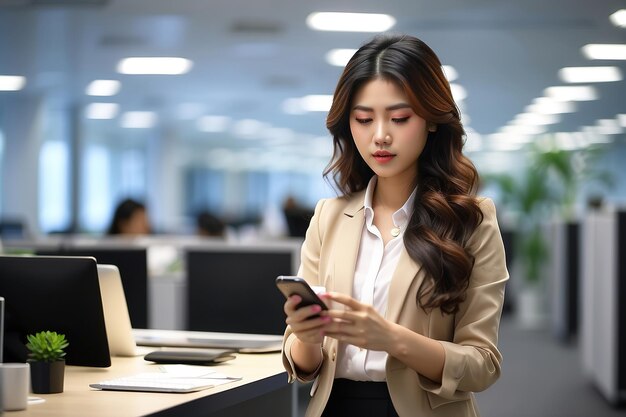 オフィスの背景で電話を見ている女性