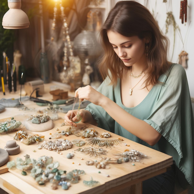 Women Make Handmade Jewelry on Light Background