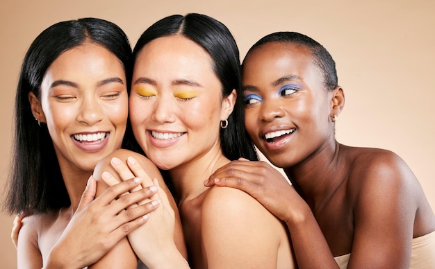 Photo women makeup and face skincare wellness cosmetics dermatology and closed eyes in brown background studio young model support diversity happiness and luxury spa treatment for natural glowing skin