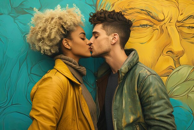 a women and a man kissing on the surface of a turquoise wall in the style of queer academia