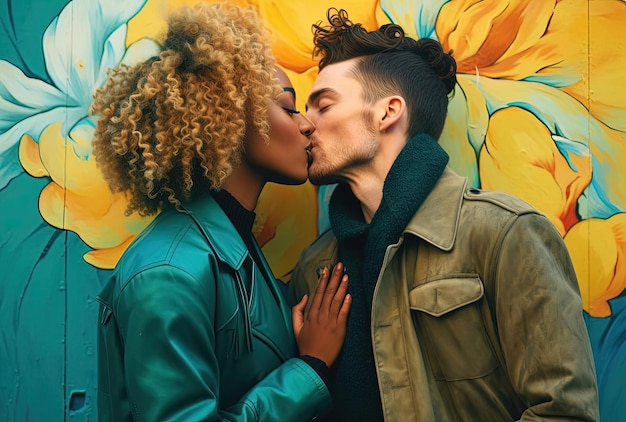 a women and a man kissing on the surface of a turquoise wall in the style of queer academia