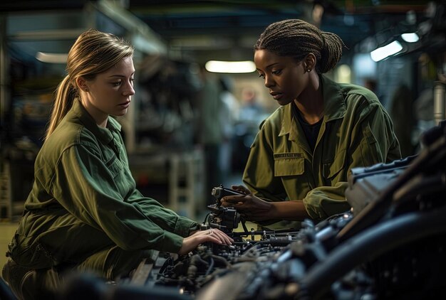 Foto donne meccaniche nell'esercito che ispezionano un veicolo in una fabbrica nello stile dell'ambiente