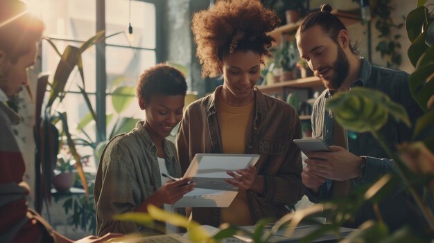 Photo women and men discussing new business ideas in an informal coworking environment loft office creative agency atmosphere they look at paper and tablet