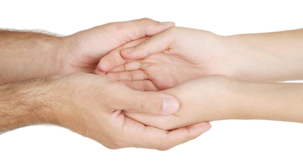 Women and men hand kept each other isolated on white