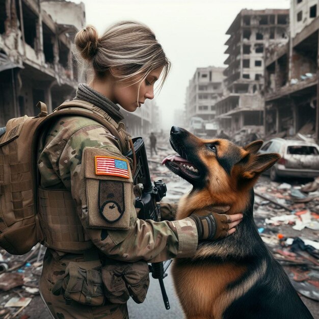 Photo women in military attire and their loyal canine companion ai generated