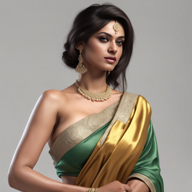 Women model with golden green saree