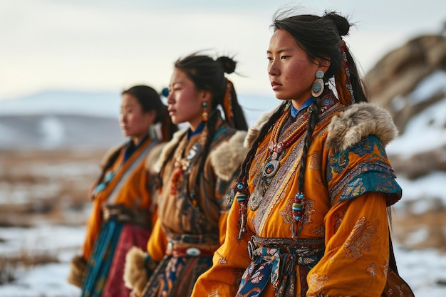 Women in national mongolian dresses celebrate the white winter month holiday in mongolia sagaalgan