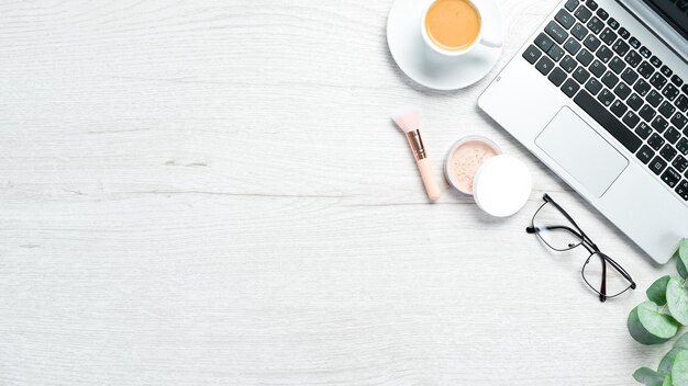 Women office desk White wooden background