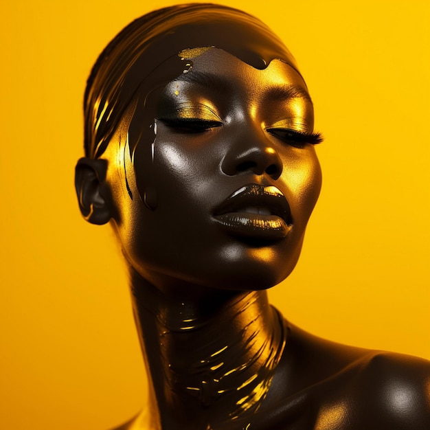 Women painted in a glossy black texture yellow background ai generated