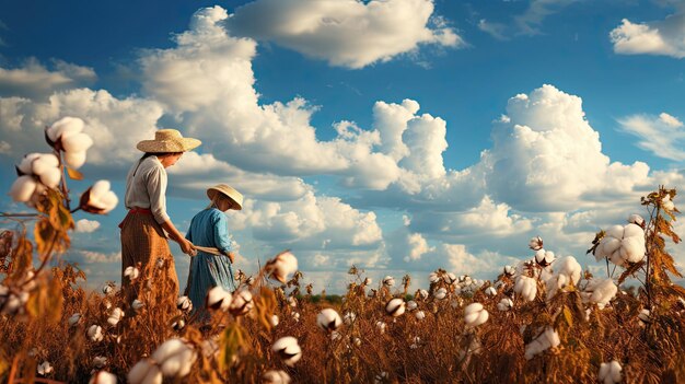 Women pick cotton in the field generative ai