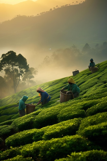 women picking tea on a tea plantation