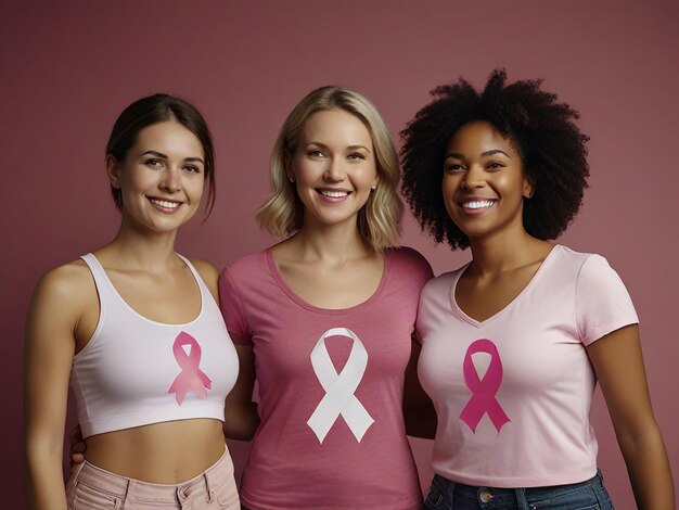 Photo women in pink shirts with a pink ribbon on them