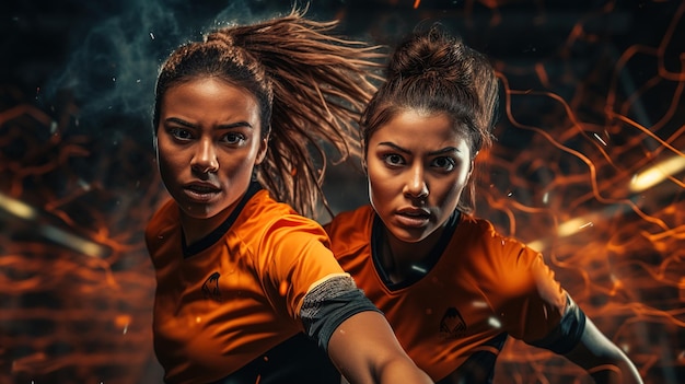 Women playing football orange uniform on the playing field crazy look thirst for victory