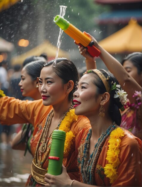 Women playing with water guns at the Songkran festival