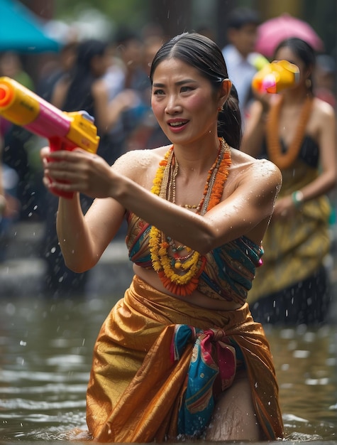 송크란 축제 에서 물 총 을 들고 놀고 있는 여자 들