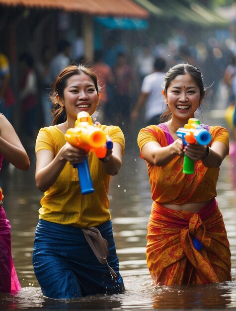 Women playing with water guns at the Songkran festival