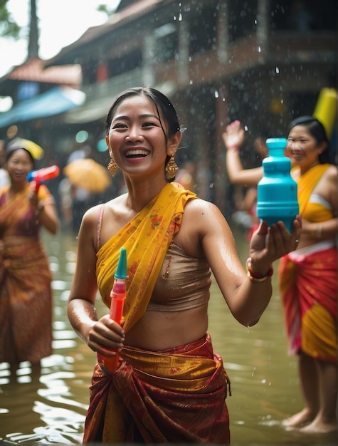 Photo women playing with water guns at the songkran festival