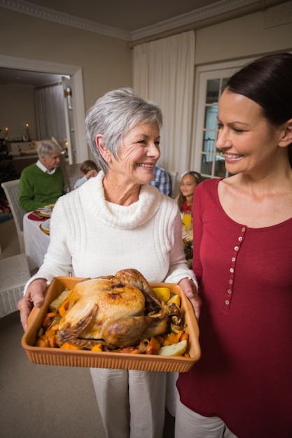 Women posing with roast turkey in front of their family